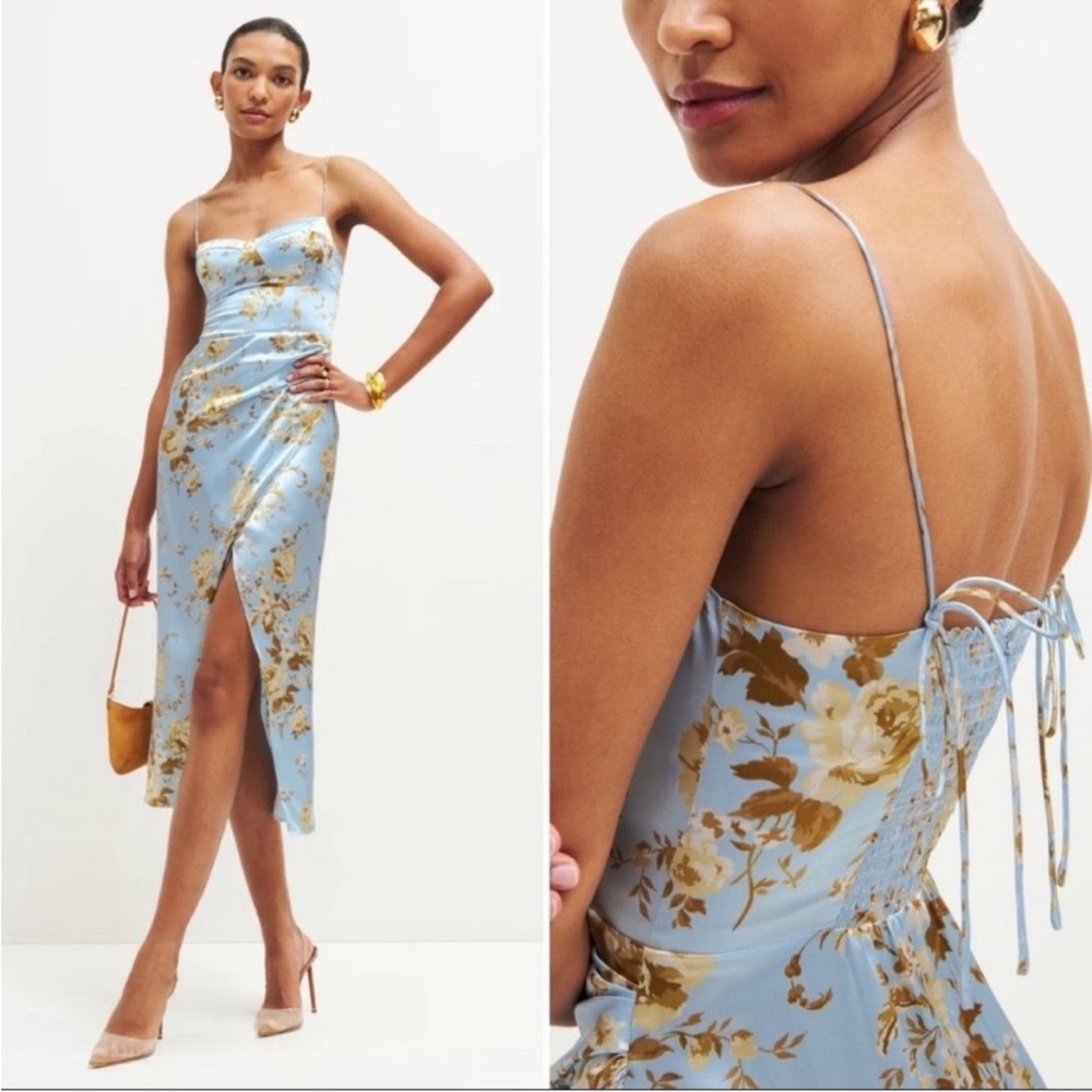 Reformation Blue & Gold Floral Slip Midi Dress